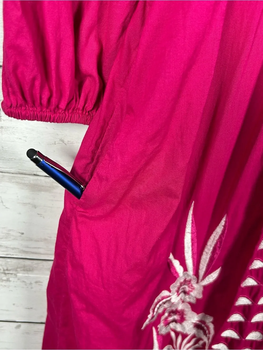 Chico’s Embroidered Raspberry Cotton Kaftan Midi Dress Pockets 6